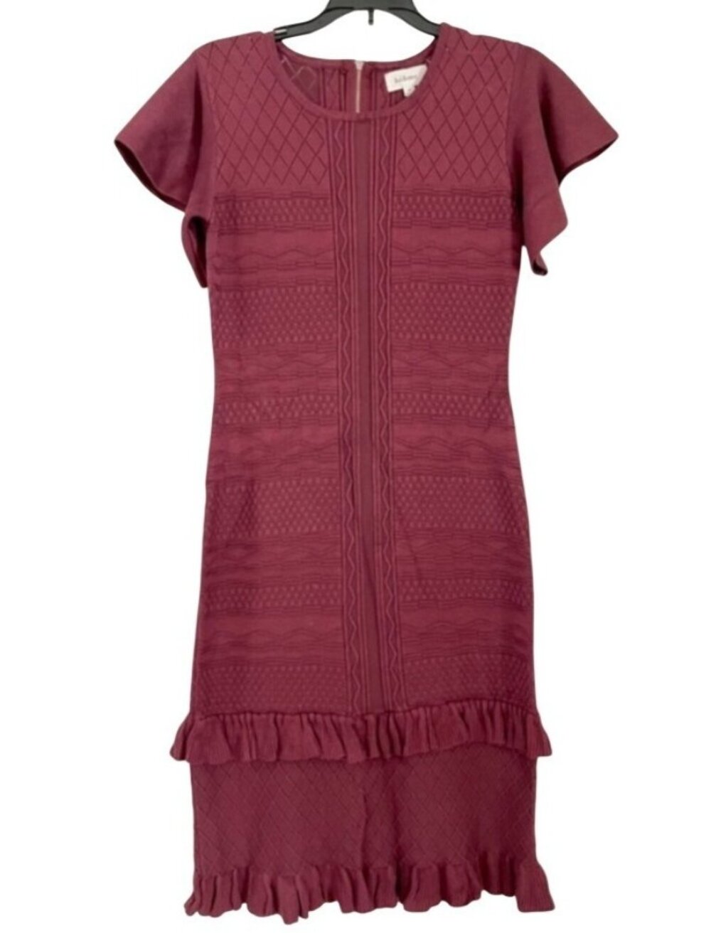 Bohme Knit Textured Burgundy Dress Size LARGE With Ruffle Trim & Puff Sleeves .